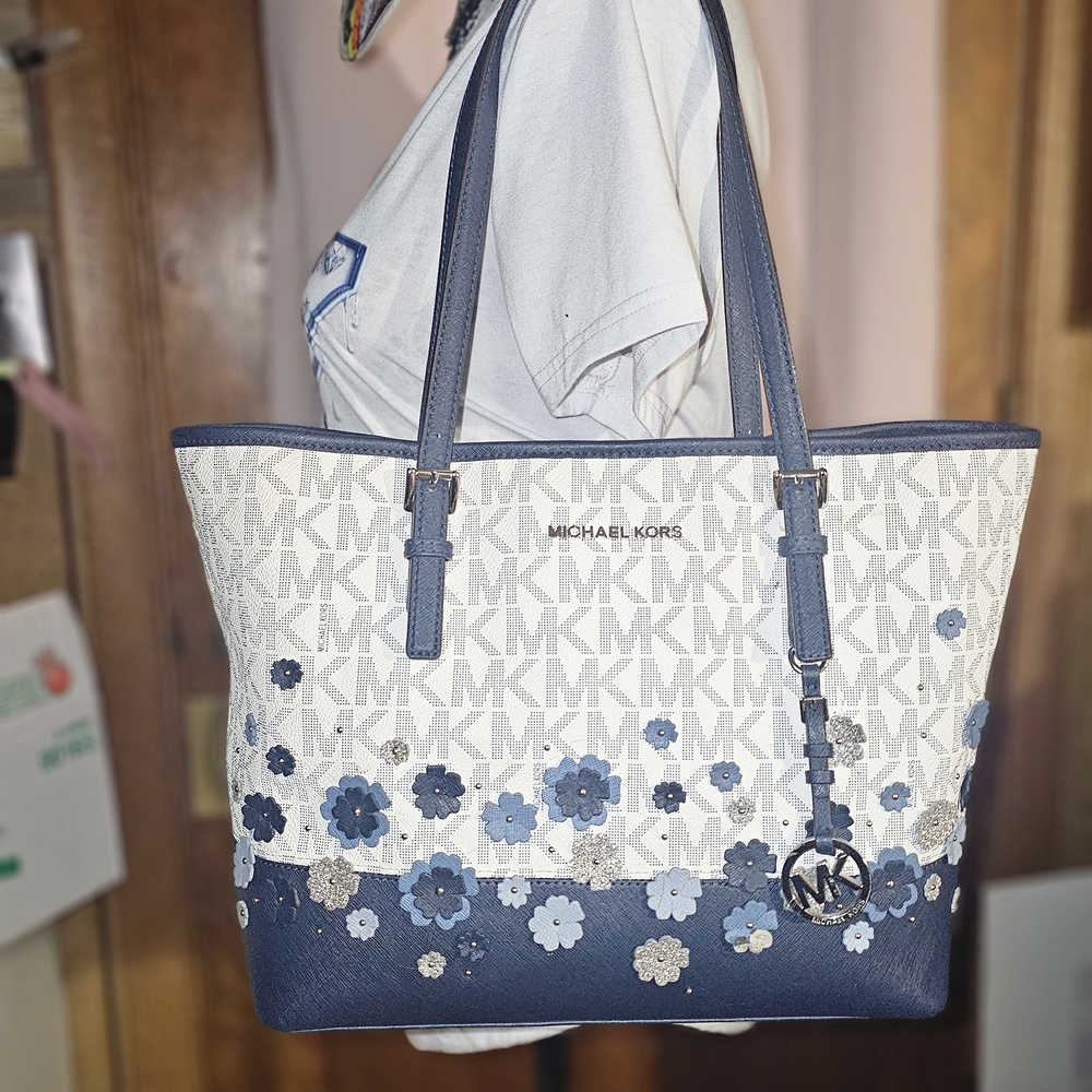 Michael Kors Blue and White Floral Tote Bag